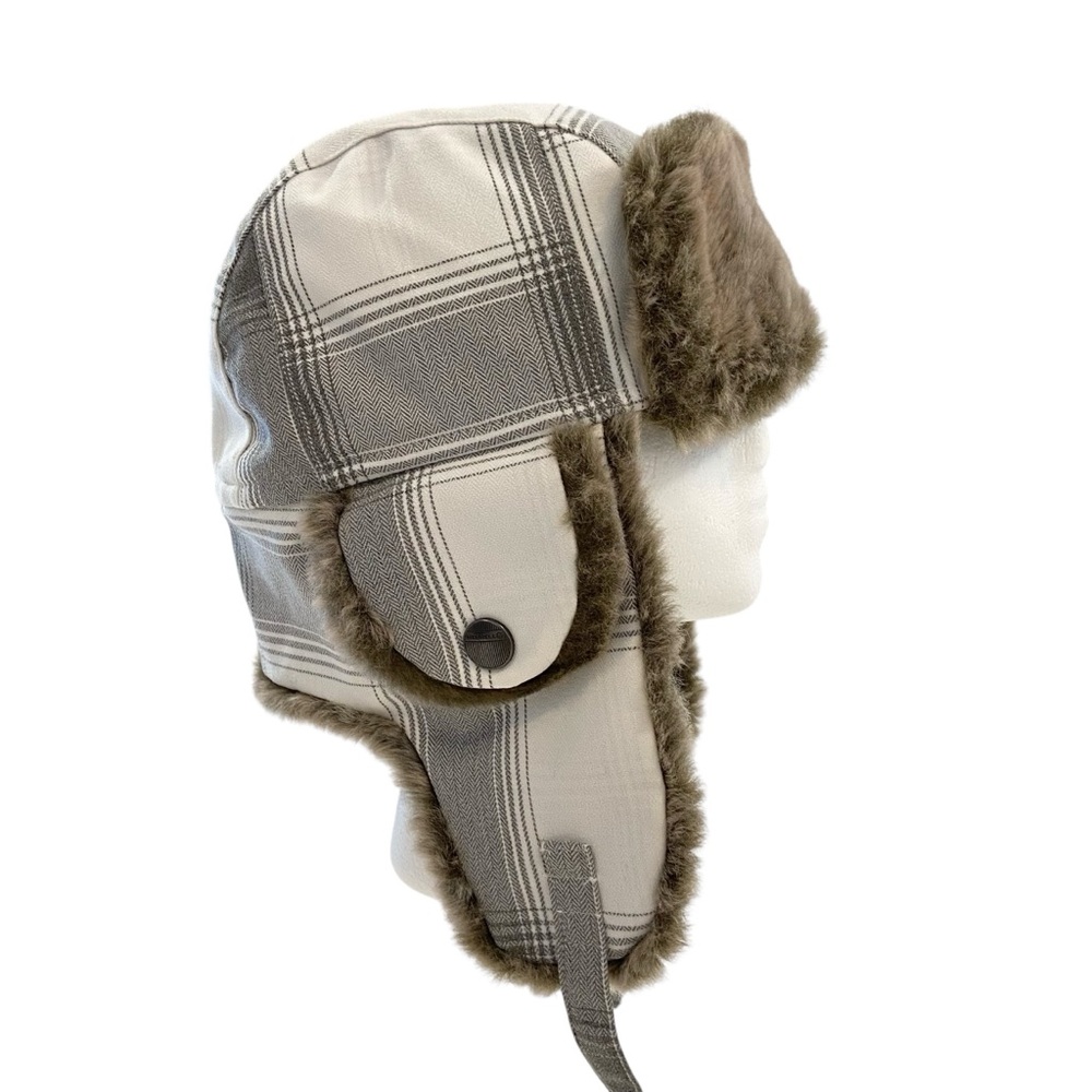 Merrell white Plaid Trapper Hat with Faux Fur aviator convertible unisex beanie